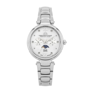 Value Buy - CHRISTOPHE DUCHAMP ETOILE Swiss Movement White Dial Genuine Diamond Studded  5 ATM Water Resistant Moon Phase Watch in Stainless Steel Silver