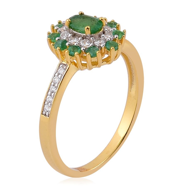 Brazilian Emerald (Ovl), White Zircon Ring in Yellow Gold Overlay Sterling Silver 1.260 Ct.