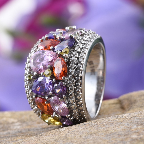 AAA Simulated Pink Sapphire (Pear), Simulated Tanzanite, Simulated Fire Opal, Simulated Citrine, Simulated Amethyst and Simulated Peridot Ring in ION Plated Stainless Steel