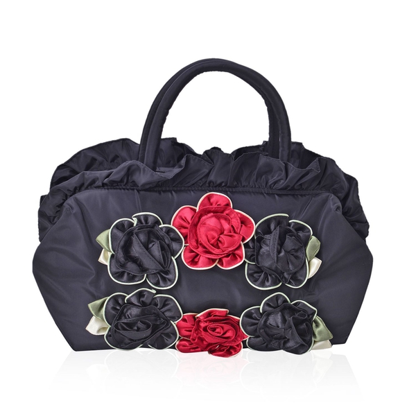3D Flowers and Ruffle Embellished Black and Red Colour Tote Bag (Size 30X17.5X13 Cm)