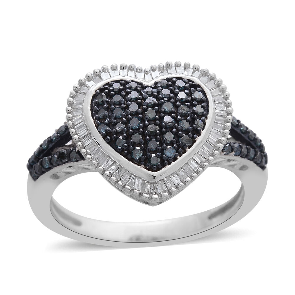 0.50 Ct Blue Diamond and White Diamond Cluster Heart Ring in Platinum Plated Silver