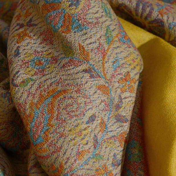 88% Merino Wool and 12% Silk Mustard and Multi Colour Shawl with Fringes (Size 180x70 Cm)