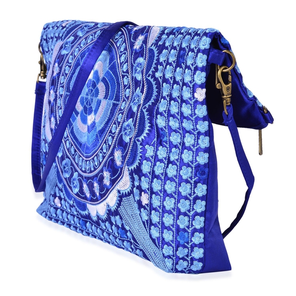 Shanghai Collection Blue Colour Floral Embroidered Clutch or Sling Bag with Removable Shoulder Strap (Size 34X32X7 Cm)
