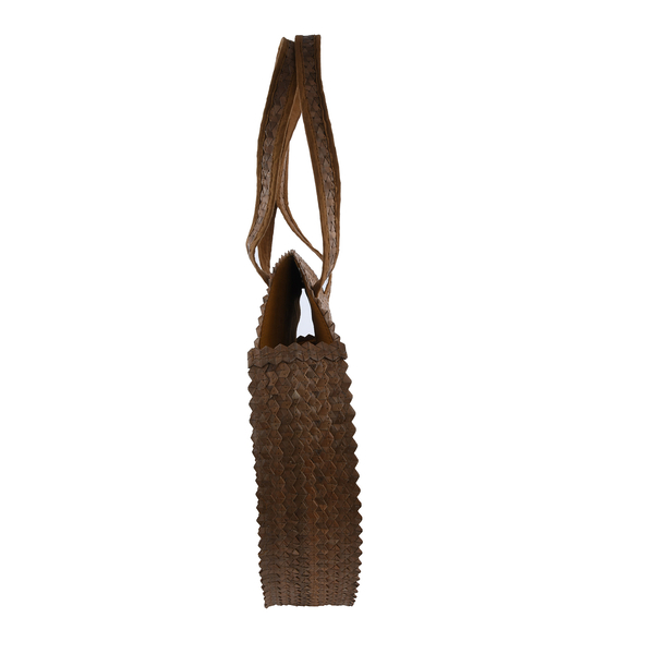 Bali Collection Palm Leaf Sisik Pattern Woven Round Bag with Leather Strap (Size:39x37x5Cm) - Brown
