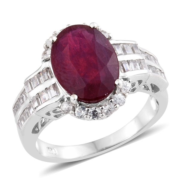10.25 Ct African Ruby and Zircon Halo Ring in Platinum Plated Silver 5.53 Grams