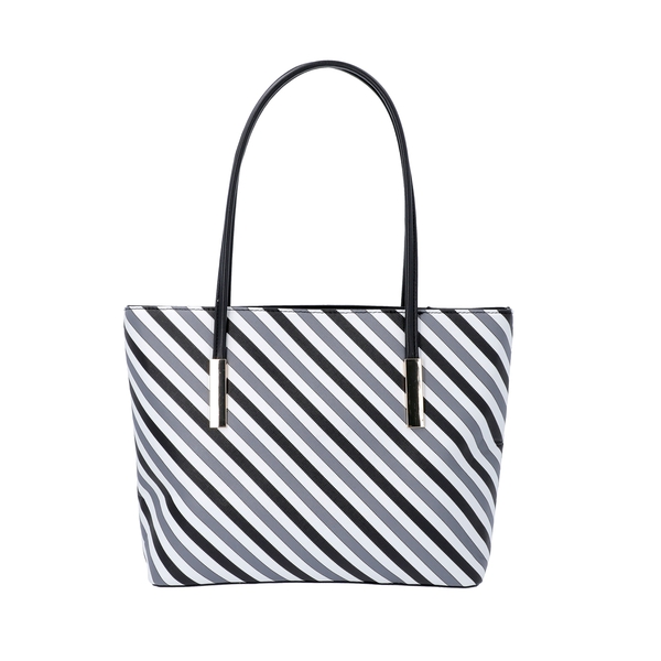 Diagonal Stripe Pattern Tote Bag with Zipper Closure and External Pocket (Size 32x11x26 Cm) - Grey, 