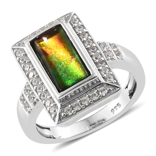 AA Canadian Ammolite (Rectangle 10x5 mm) Natural White Cambodian Zircon Ring in Platinum Overlay Ste