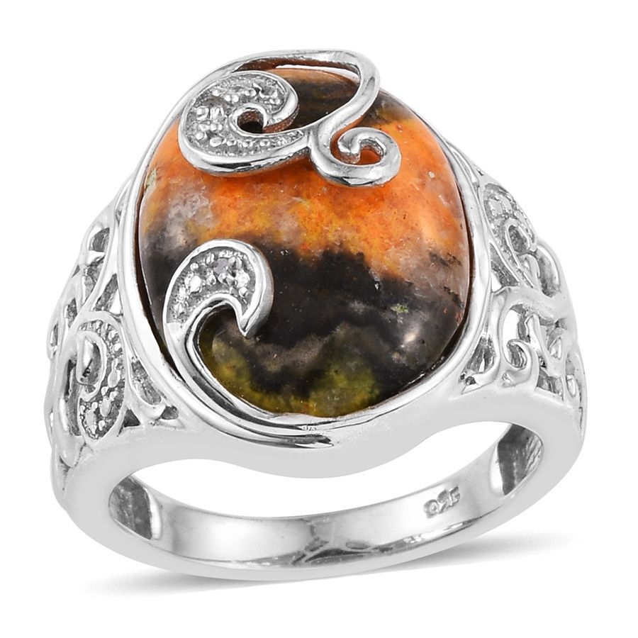Bumble Bee Jasper (Ovl), Diamond Ring in Platinum Overlay Sterling Silver 9.250 Ct.