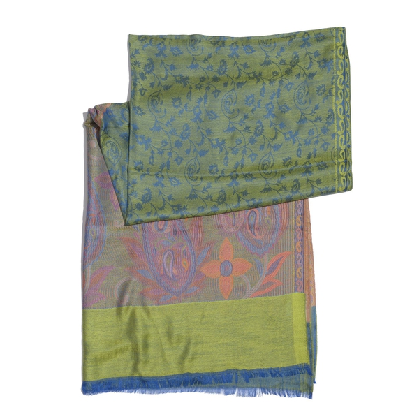 100% Modal Orange and Multi Colour Floral, Leaves and Paisley Pattern Lime Green Colour Jacquard Scarf (Size 190x70 Cm)