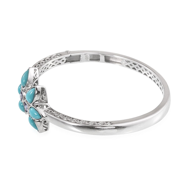 Arizona Sleeping Beauty Turquoise (Pear), Tanzanite Bangle (Size 7.5) in Platinum Overlay Sterling Silver 5.000 Ct.
