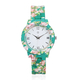 6 Piece Set - STRADA Japanese Movement White Dial Water Resistant Watch with Floral Pattern Strap and Five Green Beads Stretchable Bracelet (Size 6.5-7)