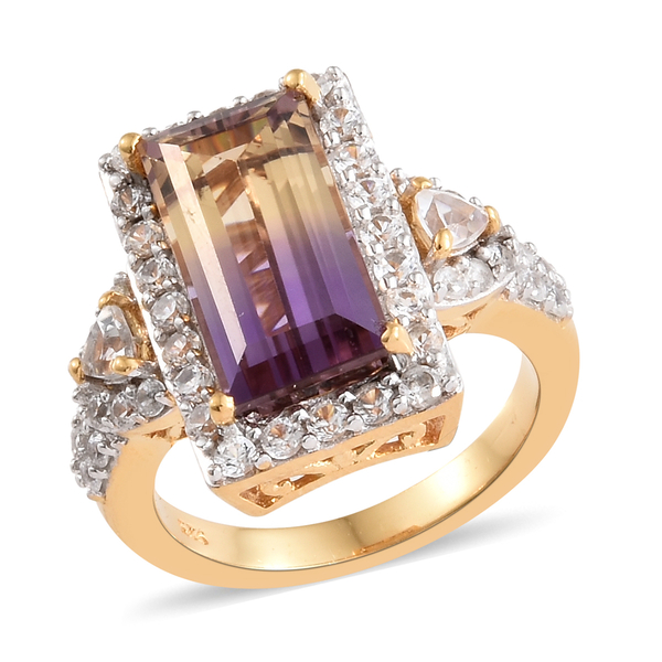Anahi Ametrine (Bgt), Natural White Cambodian Zircon Cluster Ring in 14K Gold Overlay Sterling Silve