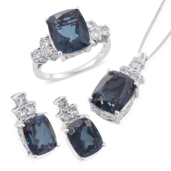 Indicolite Quartz (Cush), White Topaz Ring, Pendant With Chain and Stud Earrings (with Push Back) in