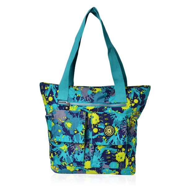 Designer Inspired Turquoise and Multi Colour Printed Hand Bag With External Pocket (Size 40x30x11 Cm
