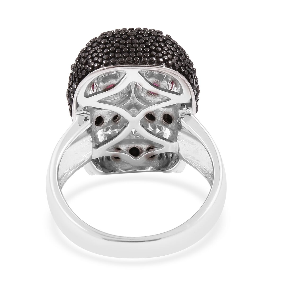 Designer Inspired-Boi Ploi Black Spinel (Rnd), African Ruby Skull Ring in Black and Rhodium Overlay Sterling Silver 2.470 Ct.