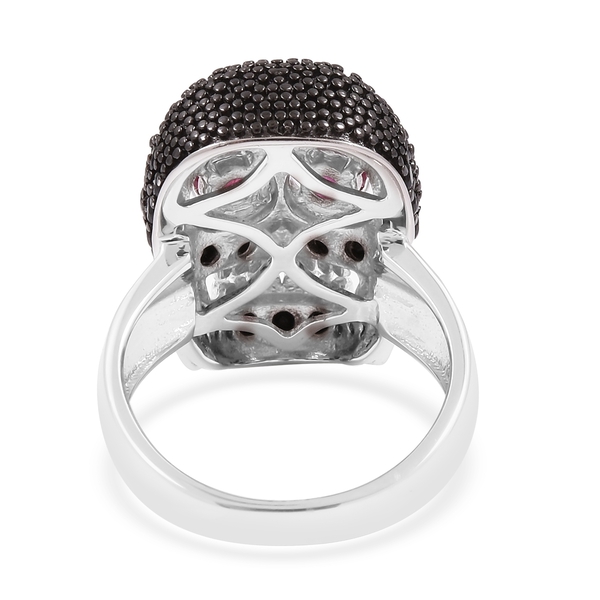 Designer Inspired-Boi Ploi Black Spinel (Rnd), African Ruby Skull Ring in Black and Rhodium Overlay Sterling Silver 2.470 Ct.