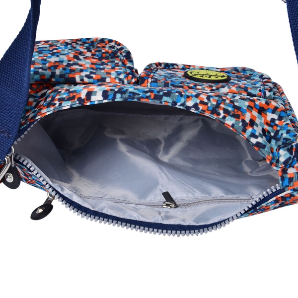 Designer Inspired Navy, Orange and Multi Colour Printed Handbag with External Zipper Pocket and Adjustable Shoulder Strap (Size 25x18x8 Cm)