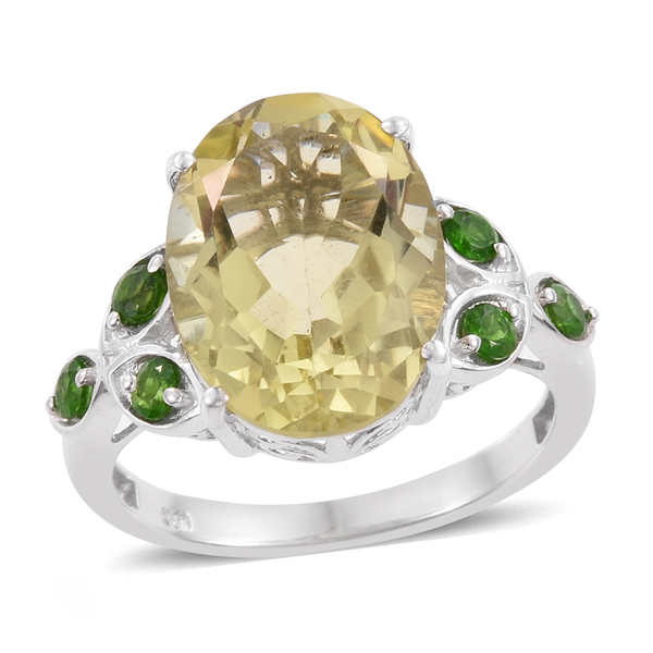 Natural Green Gold Quartz (Ovl 8.00 Ct), Chrome Diopside Ring in Platinum Overlay Sterling Silver 8.