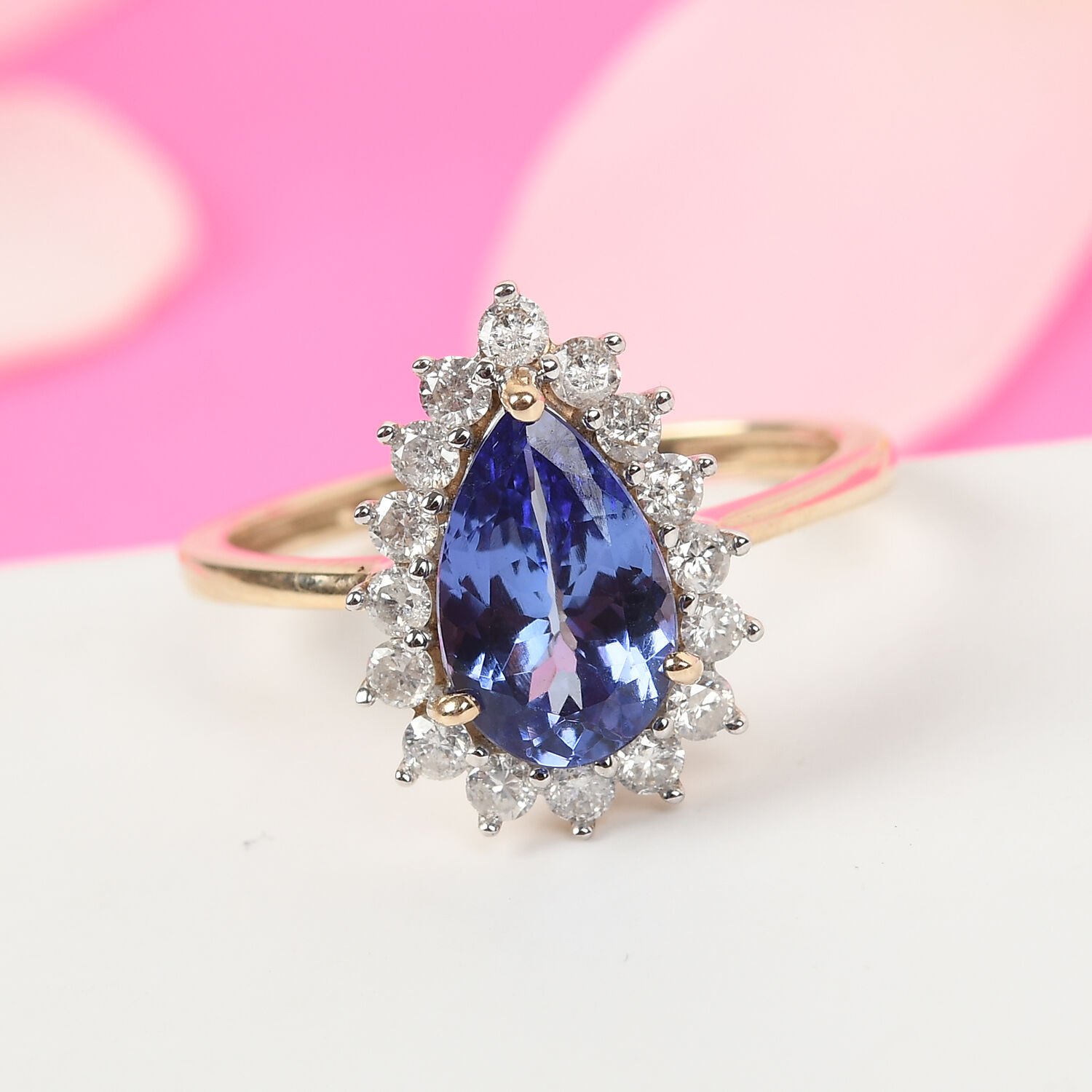 9K Yellow Gold Tanzanite and White Diamond Pear Halo Ring 1.64 Ct.