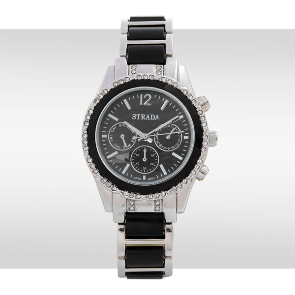 STRADA Japanese Movement Chronograph Look Black Dial White Austrian Crystal Water Resistant Watch in Silver Tone with Black Resin Strap