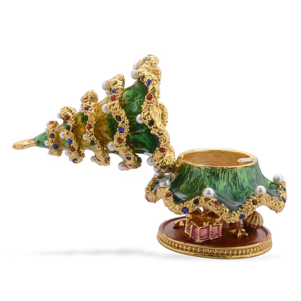 Multi Colour Austrian Crystal Studded Green and Red Enameled Christmas Tree Jewellery Box in Gold Tone