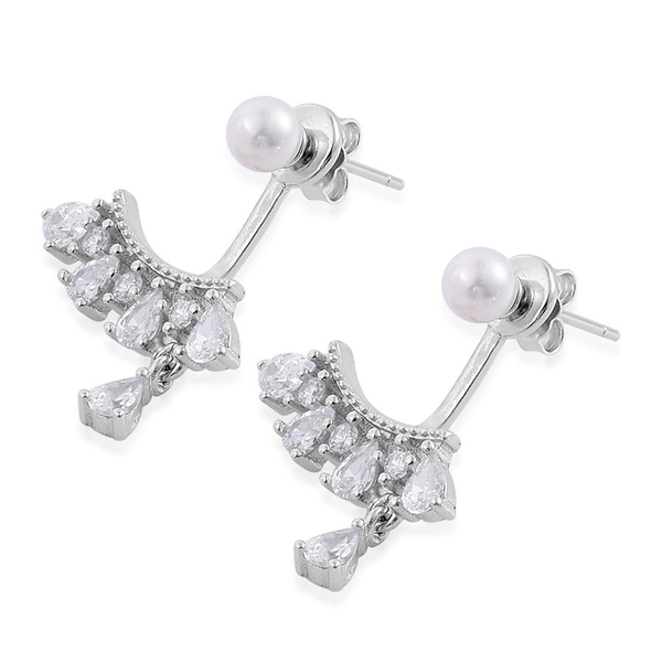 ELANZA AAA Simulated White Diamond and White Shell Pearl Jacket Earrings (with Push Back) in Rhodium Plated Sterling Silver