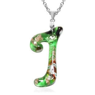 Green Murano Glass J-Initial Pendant with Chain (Size 24) in Rhodium Overlay Sterling Silver and Sta