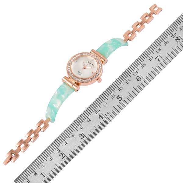 STRADA Japanese Movement White Austrian Crystal Studded White Dial Watch in Rose Gold Tone with Stainless Steel Back and Green Colour Strap