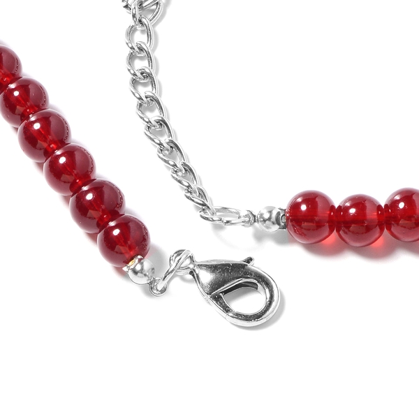 Red Murano Style Glass and Simulated Ruby Beads Necklace (Size 28 with 3 inch Extender) in Silver Plated