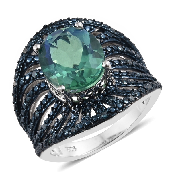 Peacock Quartz (Ovl 4.75 Ct), Blue Diamond (0.25 Ct.)Ring in Platinum Overlay Sterling Silver 5.000 