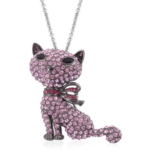 Pink and Multi Colour Austrian Crystal Cat Pendant in Black Tone with Stainless Steel Chain (Size 24