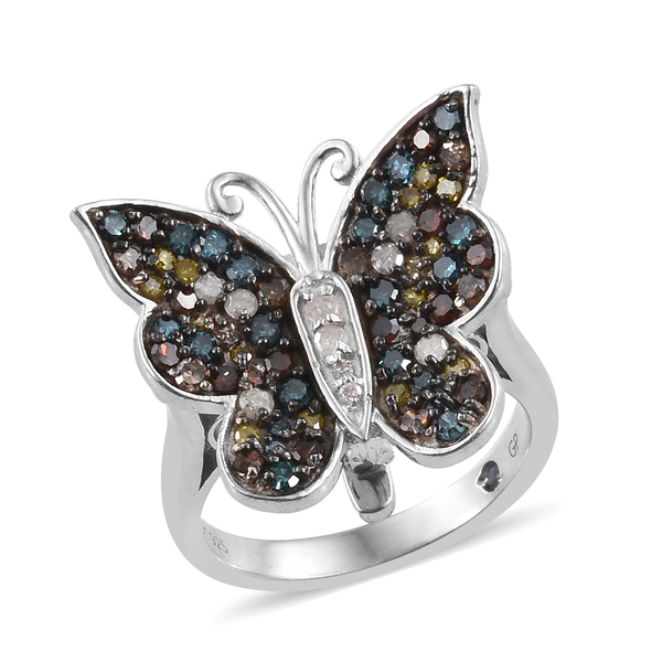 GP Multi Colour Diamond (Rnd), Kanchanaburi Blue Sapphire Butterfly Pendant with Chain (Size 18) and Ring in Platinum Overlay Sterling Silver 1.030 Ct, Silver wt 7.47 Gms.
