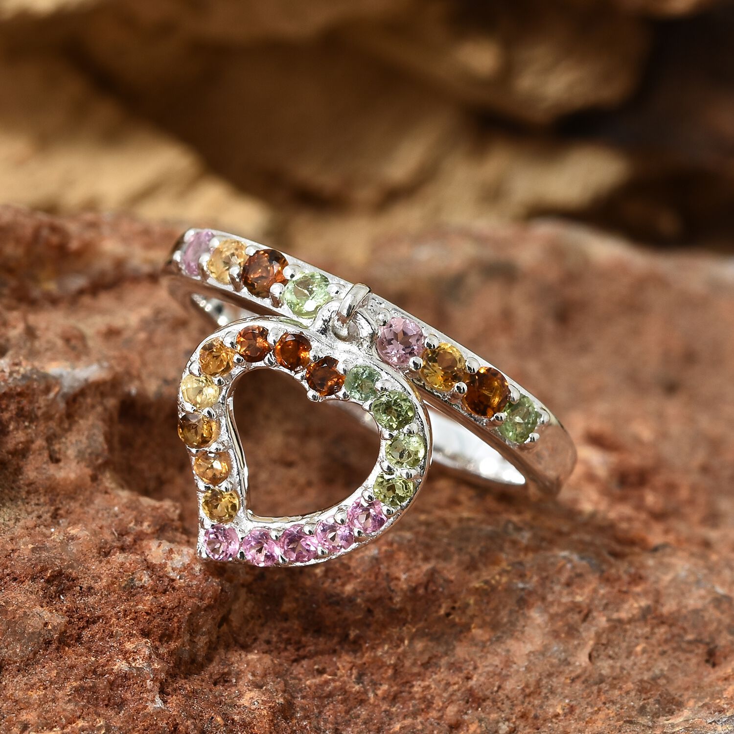 One Time Deal-Rainbow Tourmaline (Rnd) Heart Charm Ring in Sterling Silver