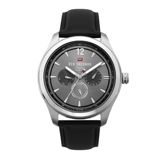 BEN SHERMAN Cool Grey Sunray Dial Watch with Black Leather Strap