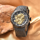 GENOA Automatic Movement Black Dial Dragon Pattern Crystal Studded 3 ATM Water Resistant Watch with Black Silicone Strap