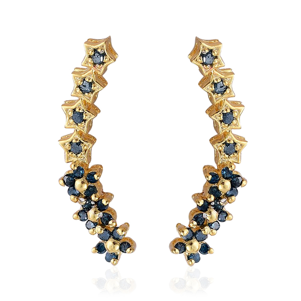 Blue Diamond (Rnd) Climber Earrings in Yellow Gold Overlay Sterling Silver 0.250 Ct.