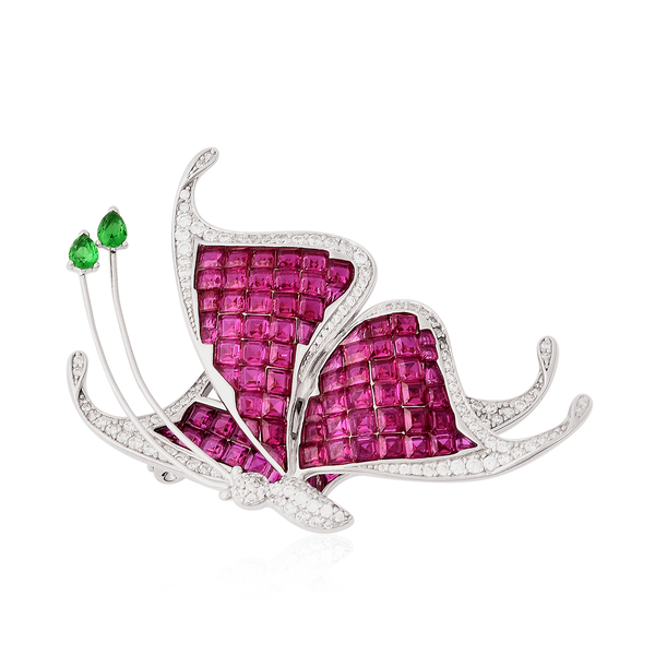 Lustro Stella Simulated Ruby, Simulated Peridot and Simulated Diamond Butterfly Brooch in Rhodium Ov