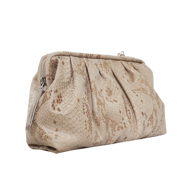 ASSOTS LONDON Harper Genuine Leather Snake Print Oversized Clutch Bag with Adjustable Shoulder Strap (Size 26x22x3cm) - Nude