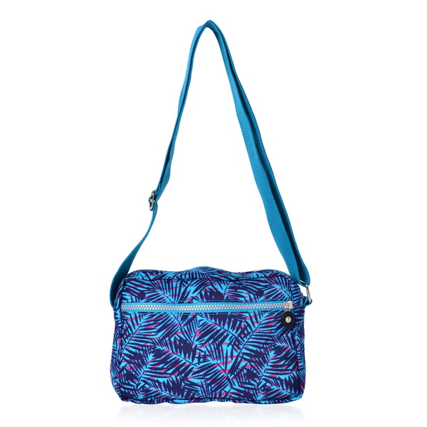 Designer Inspired Blue and Pink Colour Leaves Pattern Blue Colour Handbag with External Zipper Pocket and Adjustable Shoulder Strap (Size 25x18x8 Cm)