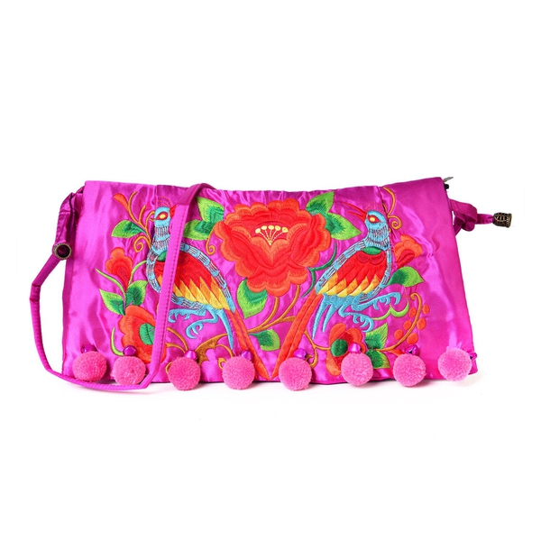 Shanghai Collection Pink, Red and Multi Colour Floral and Birds Embroidered Clutch Bag with Pom Pom 