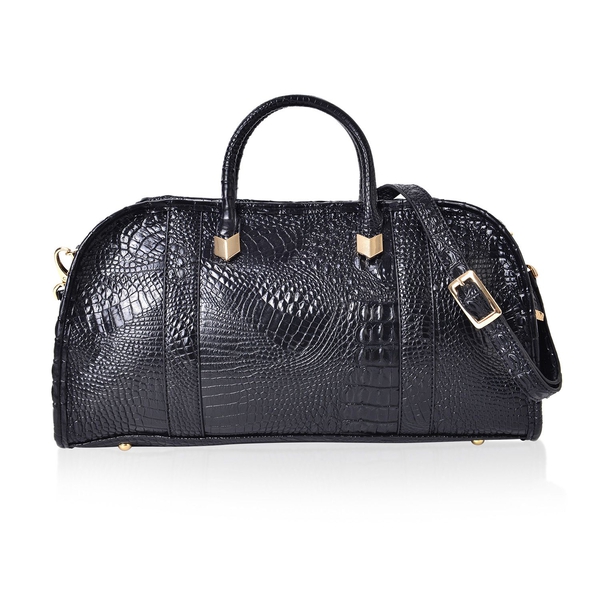 Black Colour Croc Embossed Tote Bag with External Zipper Pocket and Adjustable and Removable Shoulde