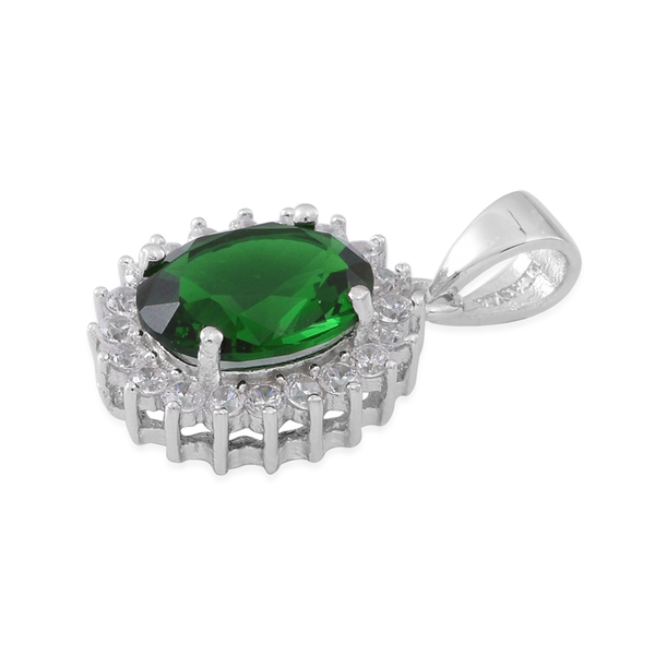 (Option 2) ELANZA AAA Simulated Green Tourmaline (Ovl), Simulated White Diamond Pendant and Stud Earrings (with Push Back) in Rhodium Plated Sterling Silver