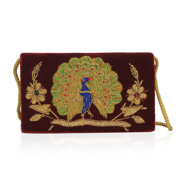 Peacock Sequence Hand Embroidered Velvet Clutch with Shoulder  Strap (Size 20.32x12.7x5.08 Cm) - Mar
