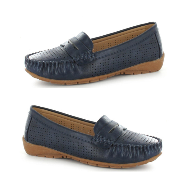 Ella Fay Perforated Detailing Loafers   - Navy