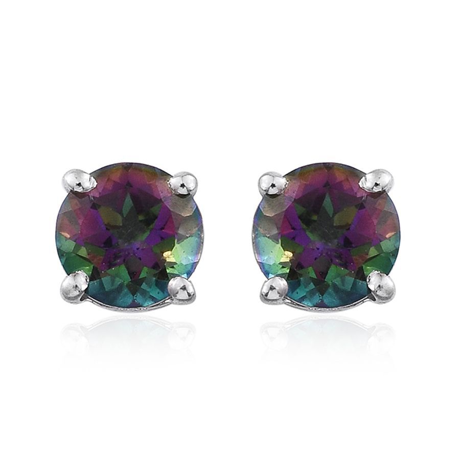 Northern Lights Mystic Topaz (Rnd) Stud Earrings (with Push Back) in Platinum Overlay Sterling Silve