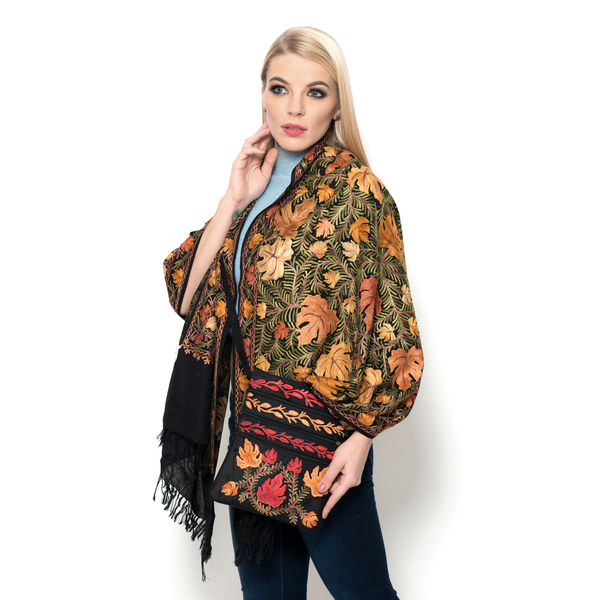 100%  Fine Merino Wool Multi Colour Flowers Embroidered Black Colour Shawl (Size 180x70 Cm) with Sue