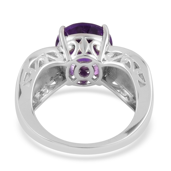 Lusaka Amethyst (Rnd 3.25 Ct), Abalone Shell and Natural White Cambodian Zircon Ring in Rhodium Plated Sterling Silver 3.930 Ct. Silver wt 5.46 Gms.