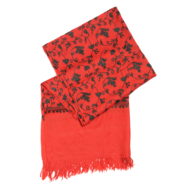 100% Merino Wool Red and Black Colour Paisley and Leaves Embroidered Scarf with Tassels (Size 180X68 Cm)