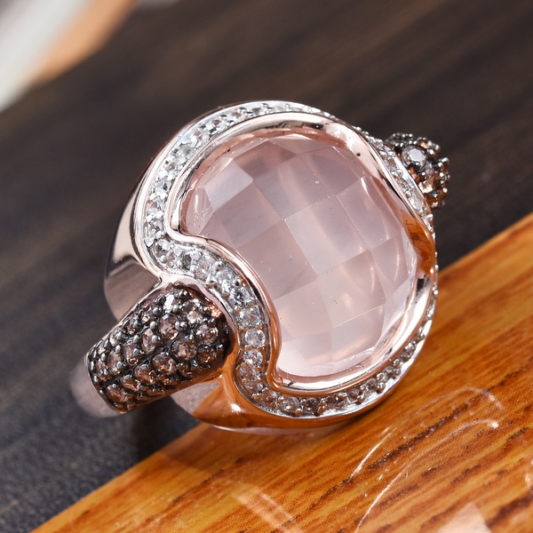 GP 13.25 Ct Rose Quartz and Multi Gemstone Halo Ring in Rose Gold Plated Silver
