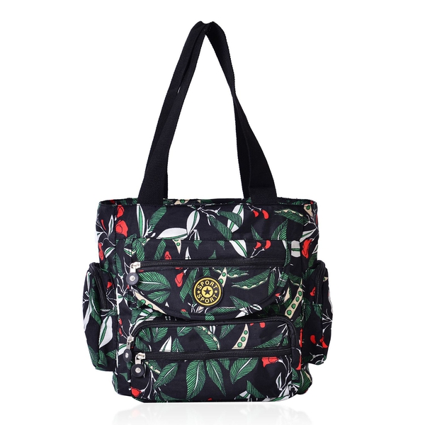 Black and Multi Colour Leaves Pattern Waterproof Sport Bag with External Zipper Pocket (Size 28x28x1